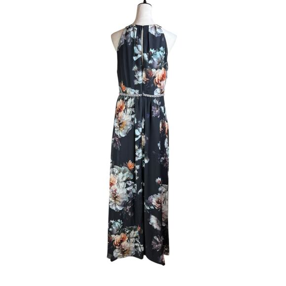 SLNY Black Floral Halter Top Sleeveless Belted Lined Zip Up Maxi Dress Pockets - Picture 2 of 11
